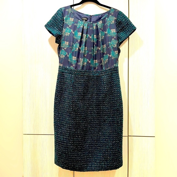 Talbots | Mixed Media Midi Sheath Dress | Green Navy Multi | Size‎ 10 - Picture 3 of 16